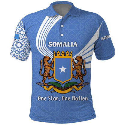 Somalia Polo Shirt with Coat of Arms One Star One Nation Blue White Spirit