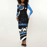 Somalia Long Sleeve Bodycon Dress with From Nomads to Nation Camel Galaxy Flag Spirit