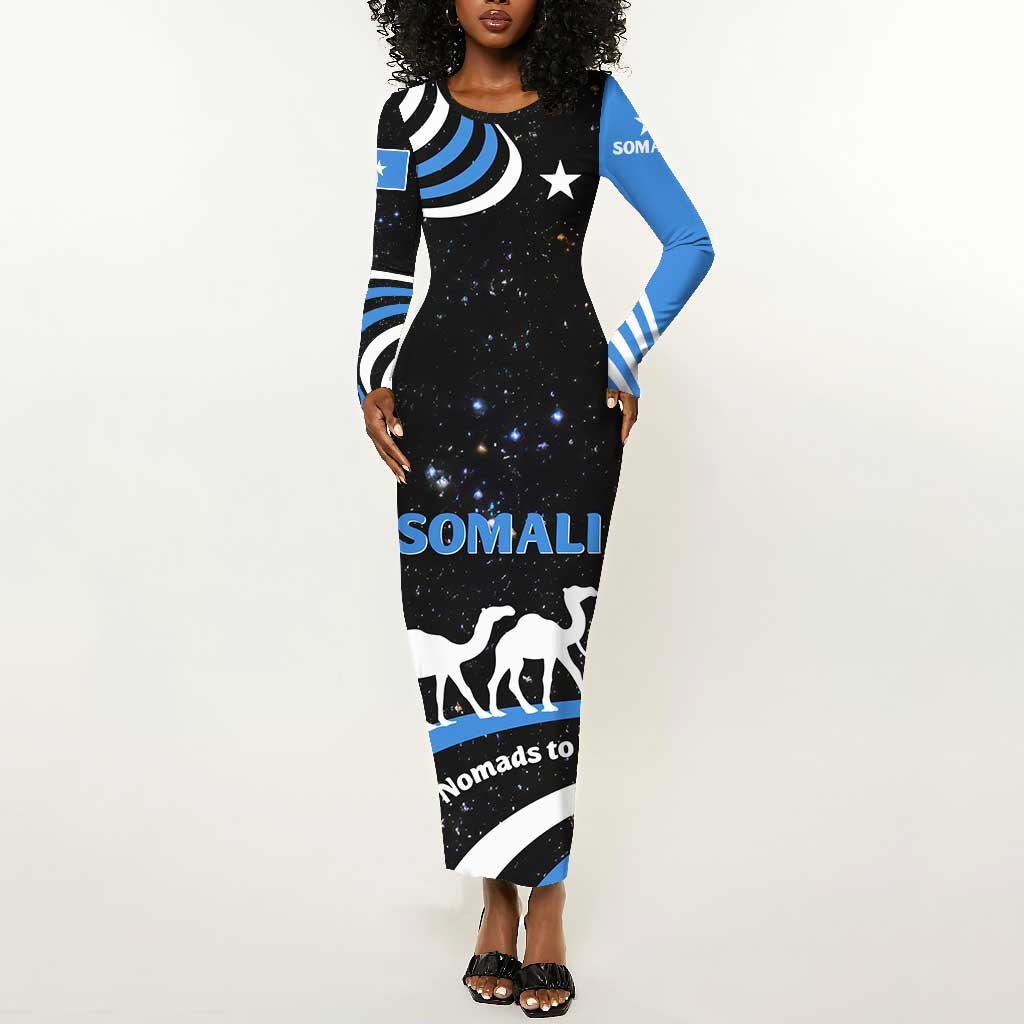 Somalia Long Sleeve Bodycon Dress with From Nomads to Nation Camel Galaxy Flag Spirit