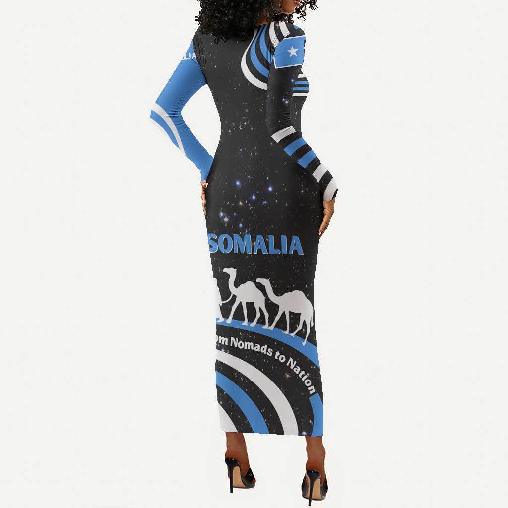 Somalia Long Sleeve Bodycon Dress with From Nomads to Nation Camel Galaxy Flag Spirit