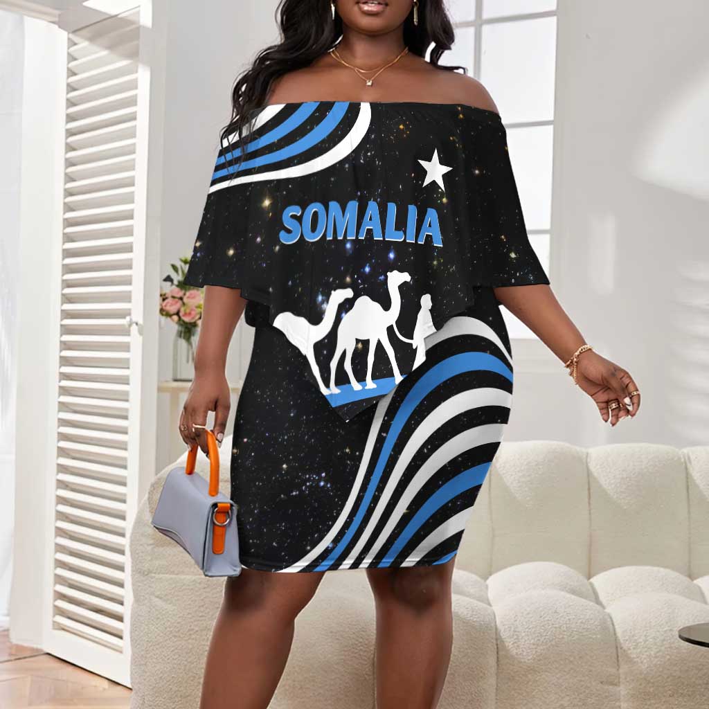 Somalia Off Shoulder Short Dress with From Nomads to Nation Camel Galaxy Flag Spirit