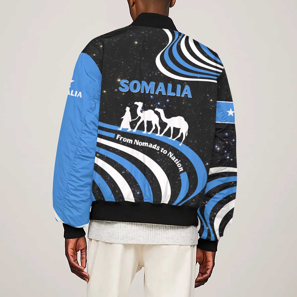 Somalia Sleeve Zip Bomber Jacket with From Nomads to Nation Camel Galaxy Flag Spirit