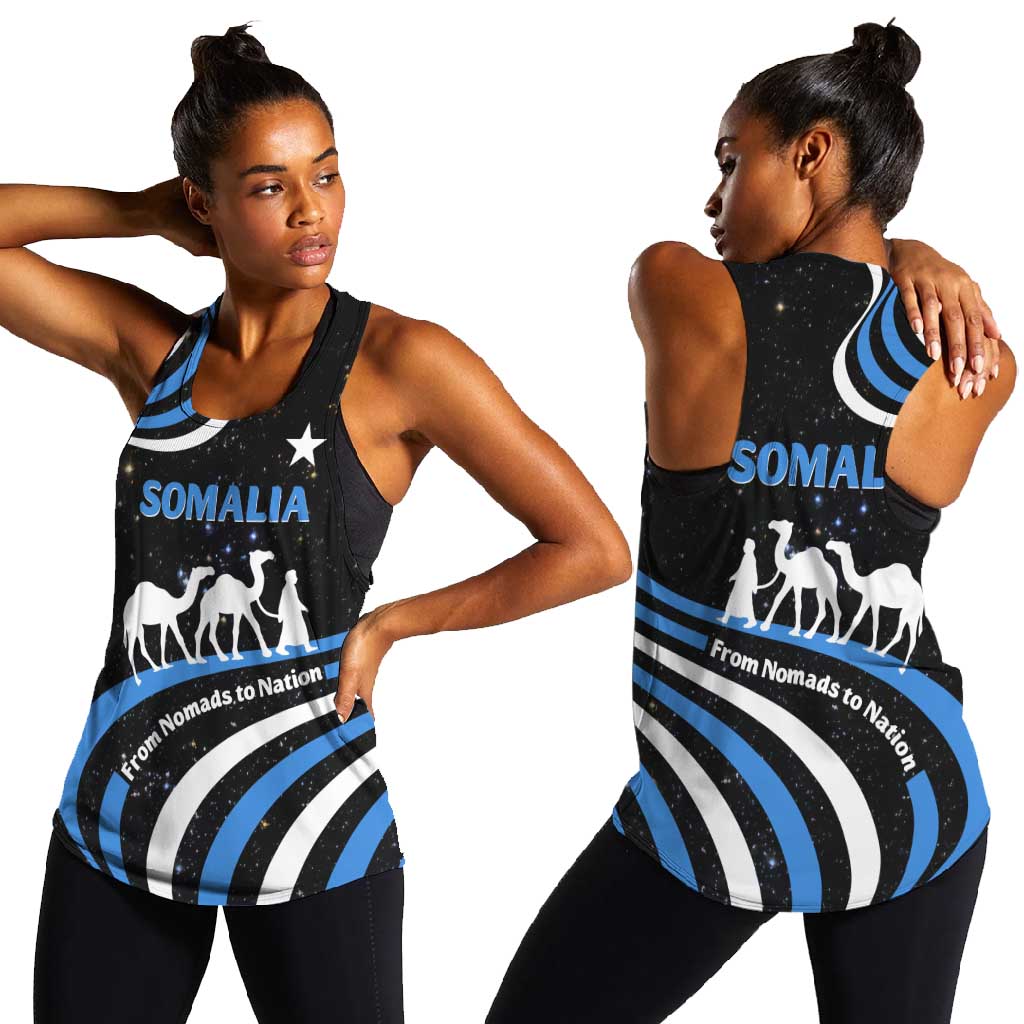 Somalia Women Racerback Tank with From Nomads to Nation Camel Galaxy Flag Spirit