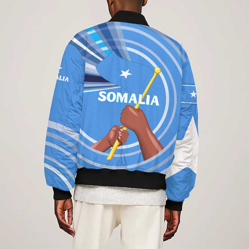 Somalia Bomber Jacket with Raised Fist Flag Blue Unity Wave Spirit