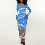 Somalia Long Sleeve Bodycon Dress with Raised Fist Flag Blue Unity Wave Spirit