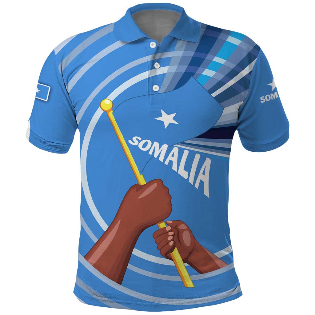 Somalia Polo Shirt with Raised Fist Flag Blue Unity Wave Spirit