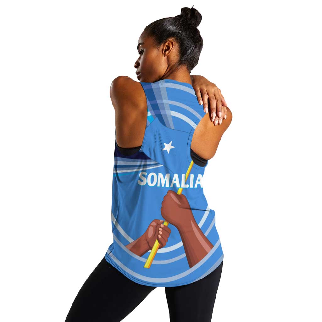 Somalia Women Racerback Tank with Raised Fist Flag Blue Unity Wave Spirit