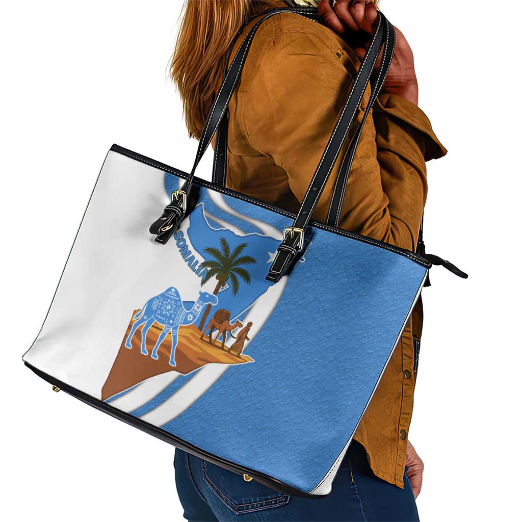 Somalia Leather Tote Bag with Camel Desert Map Palm Tree Heritage Spirit