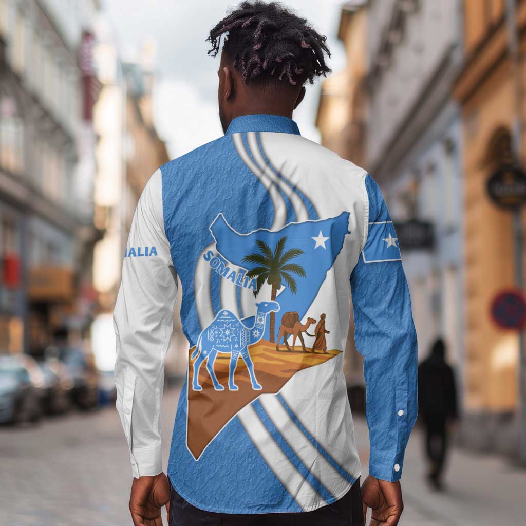 Somalia Long Sleeve Button Shirt with Camel Desert Map Palm Tree Heritage Spirit