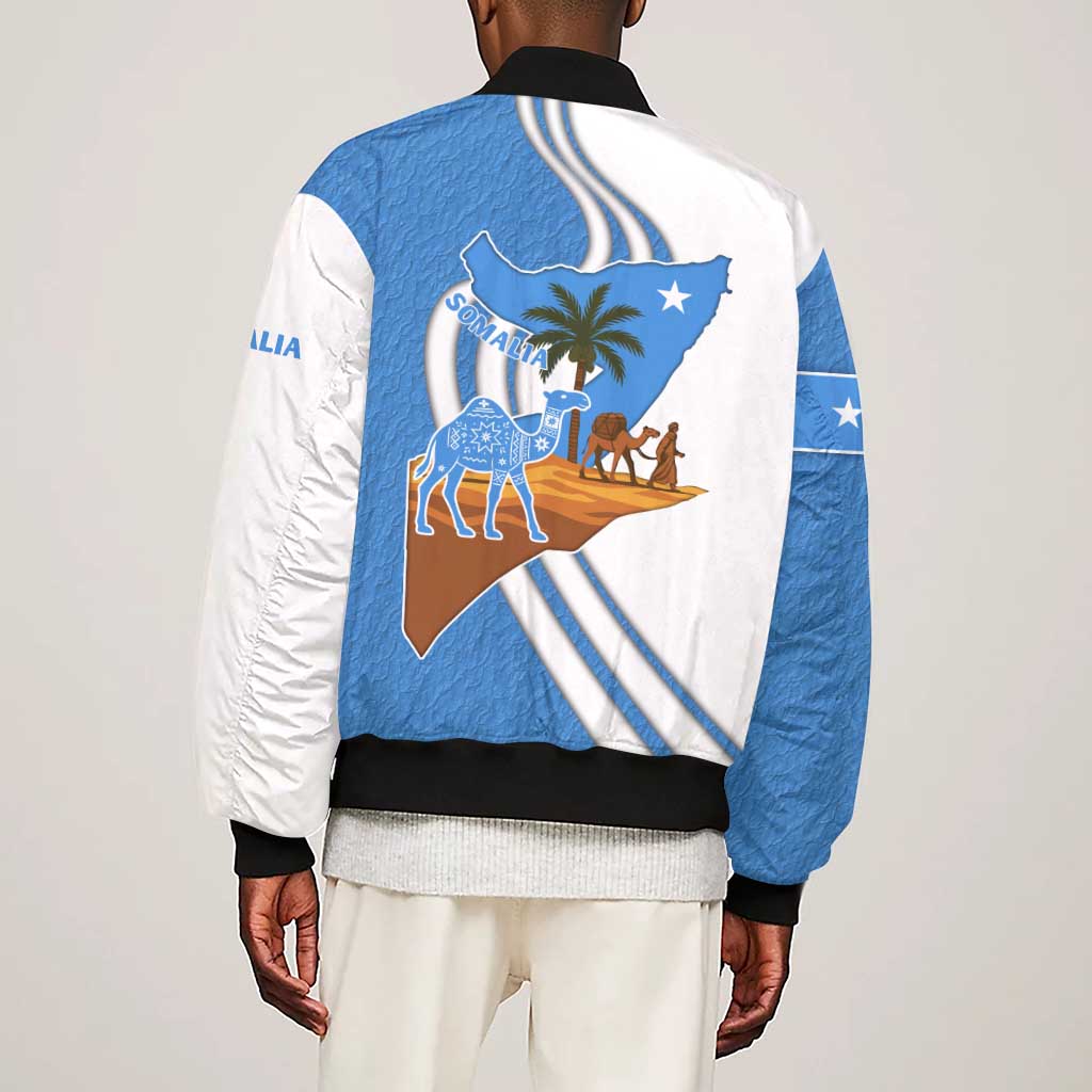 Somalia Sleeve Zip Bomber Jacket with Camel Desert Map Palm Tree Heritage Spirit