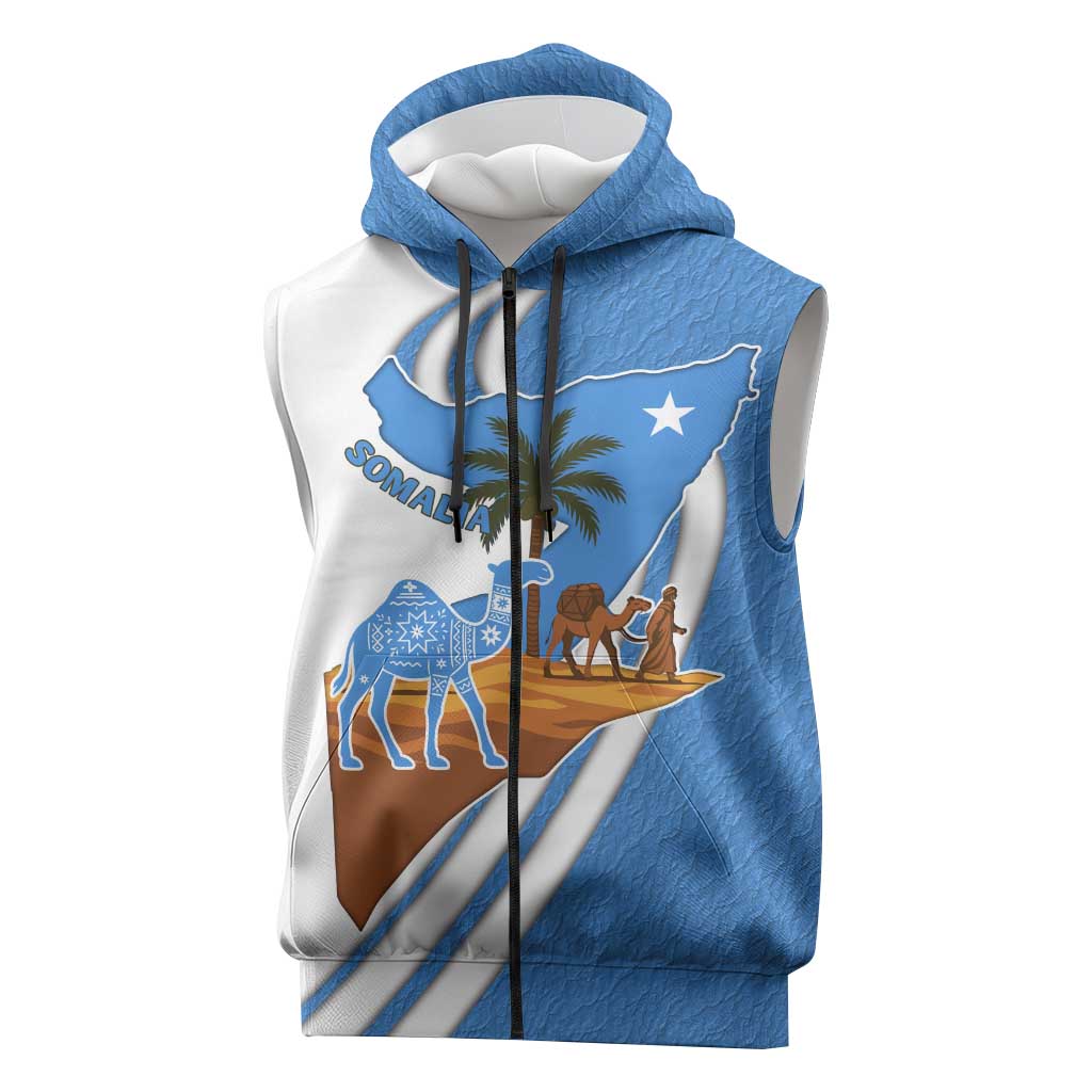 Somalia Sleeveless Zip Hoodie with Camel Desert Map Palm Tree Heritage Spirit - African Pride