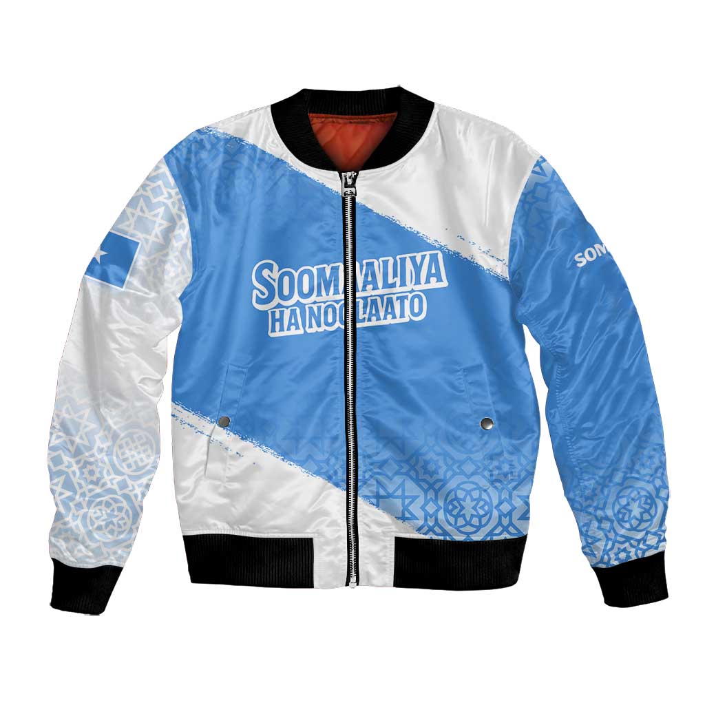 Somalia Bomber Jacket with Soomaaliya Ha Noolaato Nomad Moon Flag Spirit