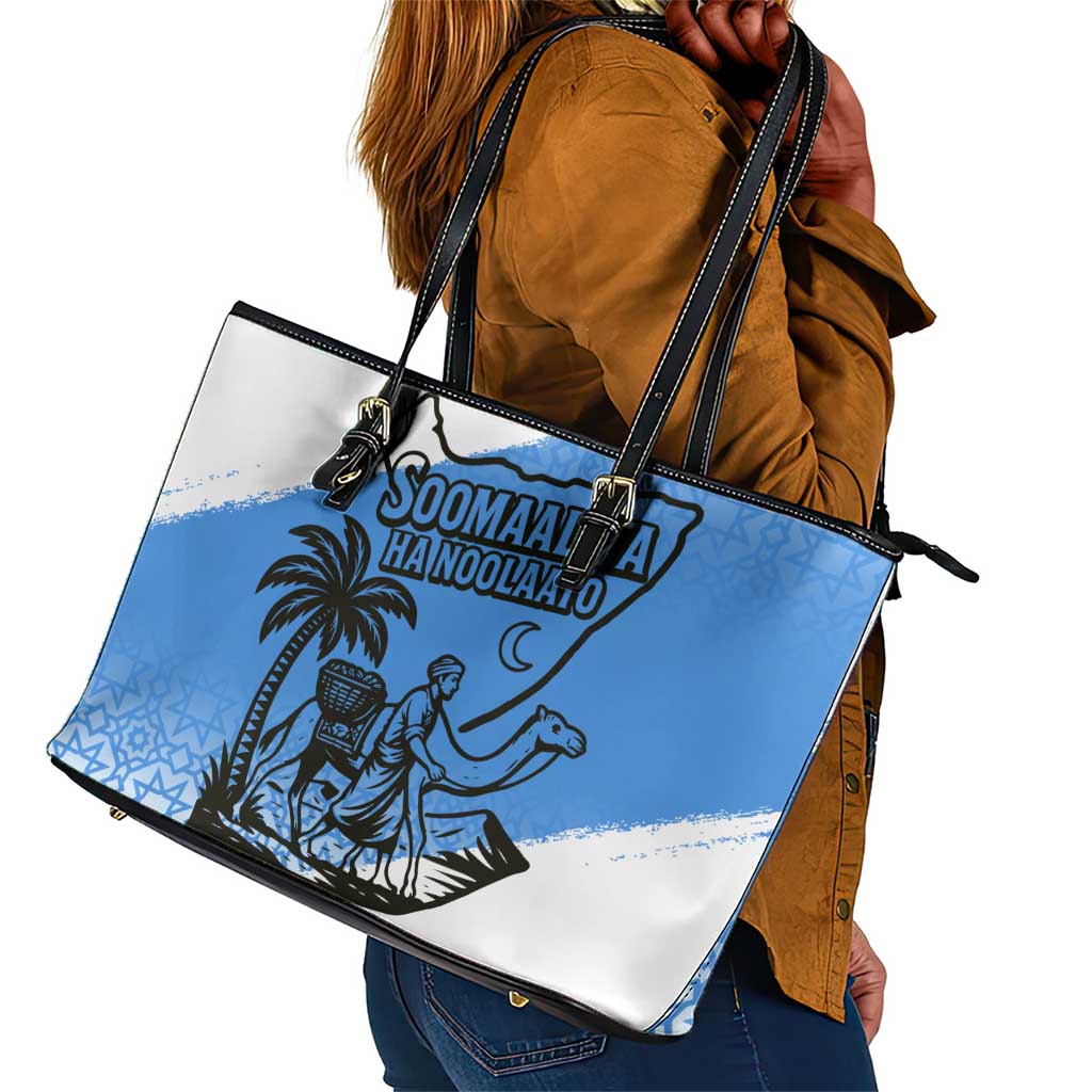 Somalia Leather Tote Bag with Soomaaliya Ha Noolaato Nomad Moon Flag Spirit
