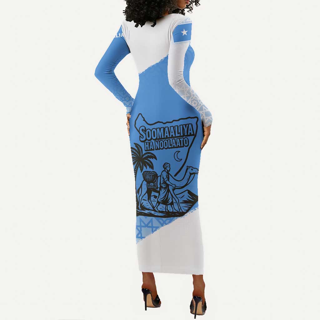 Somalia Long Sleeve Bodycon Dress with Soomaaliya Ha Noolaato Nomad Moon Flag Spirit