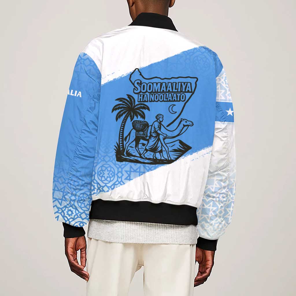 Somalia Sleeve Zip Bomber Jacket with Soomaaliya Ha Noolaato Nomad Moon Flag Spirit