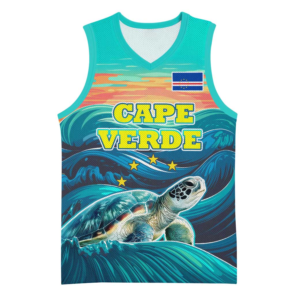 Cape Verde Basketball Jersey with Loggerhead Sea Turtle Ocean Sunset Spirit TS04
