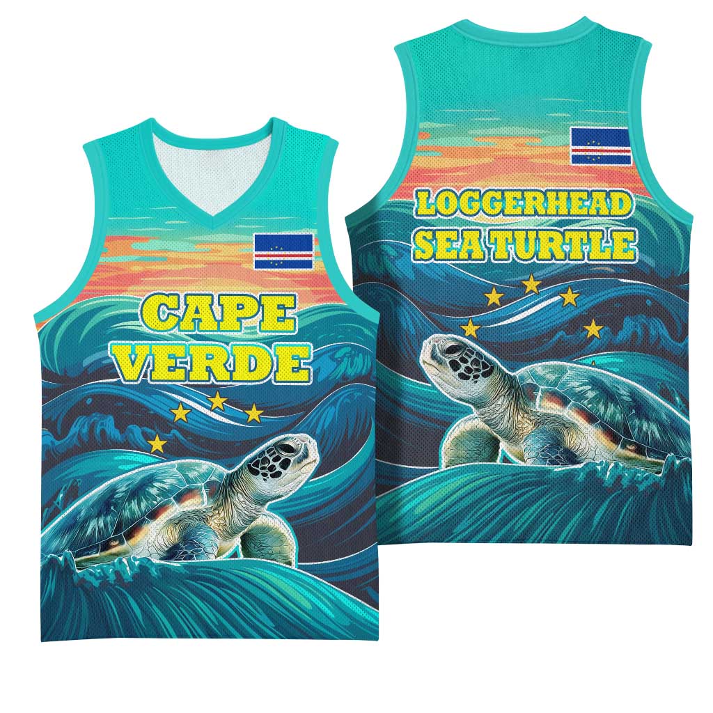 Cape Verde Basketball Jersey with Loggerhead Sea Turtle Ocean Sunset Spirit TS04