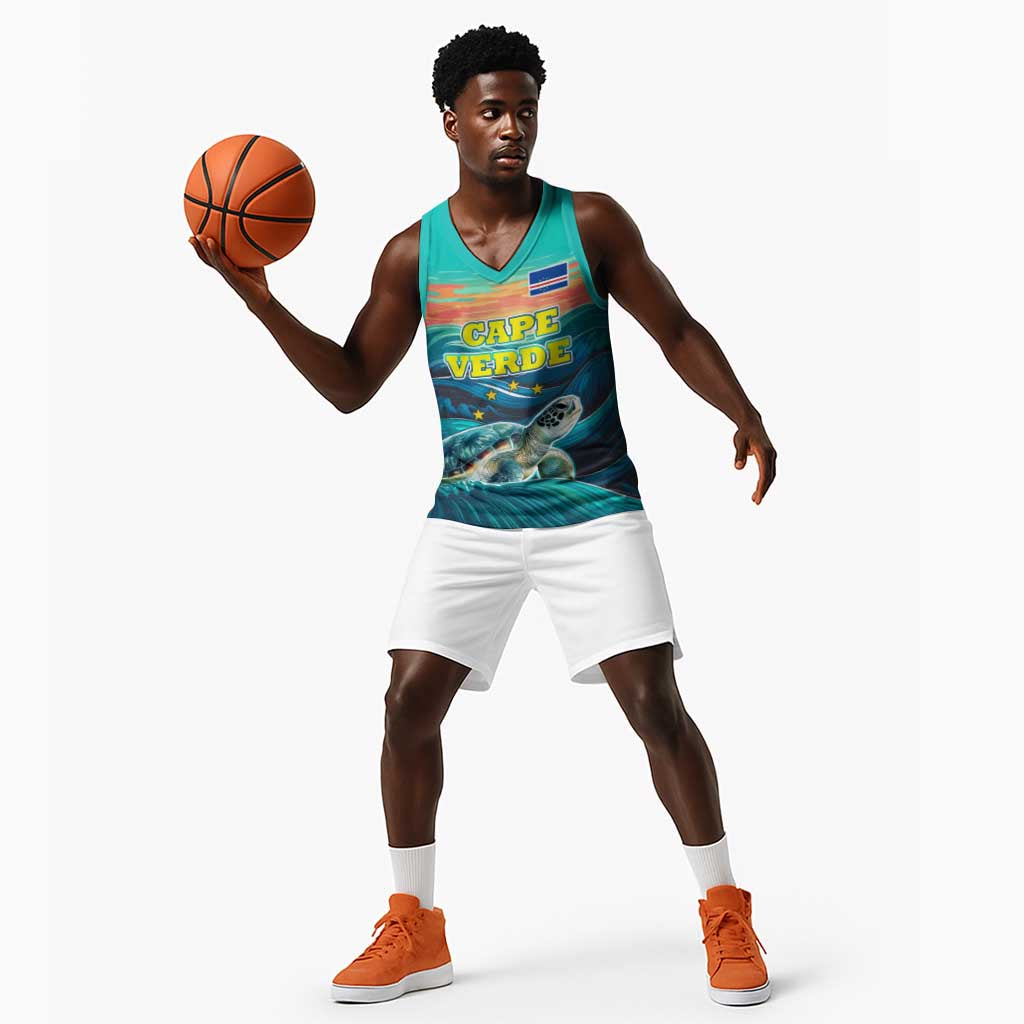 Cape Verde Basketball Jersey with Loggerhead Sea Turtle Ocean Sunset Spirit TS04