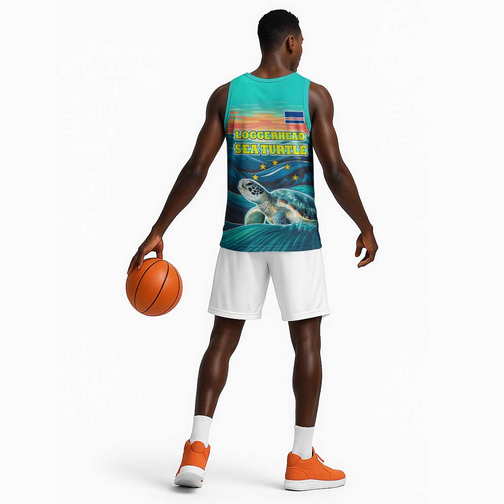 Cape Verde Basketball Jersey with Loggerhead Sea Turtle Ocean Sunset Spirit TS04