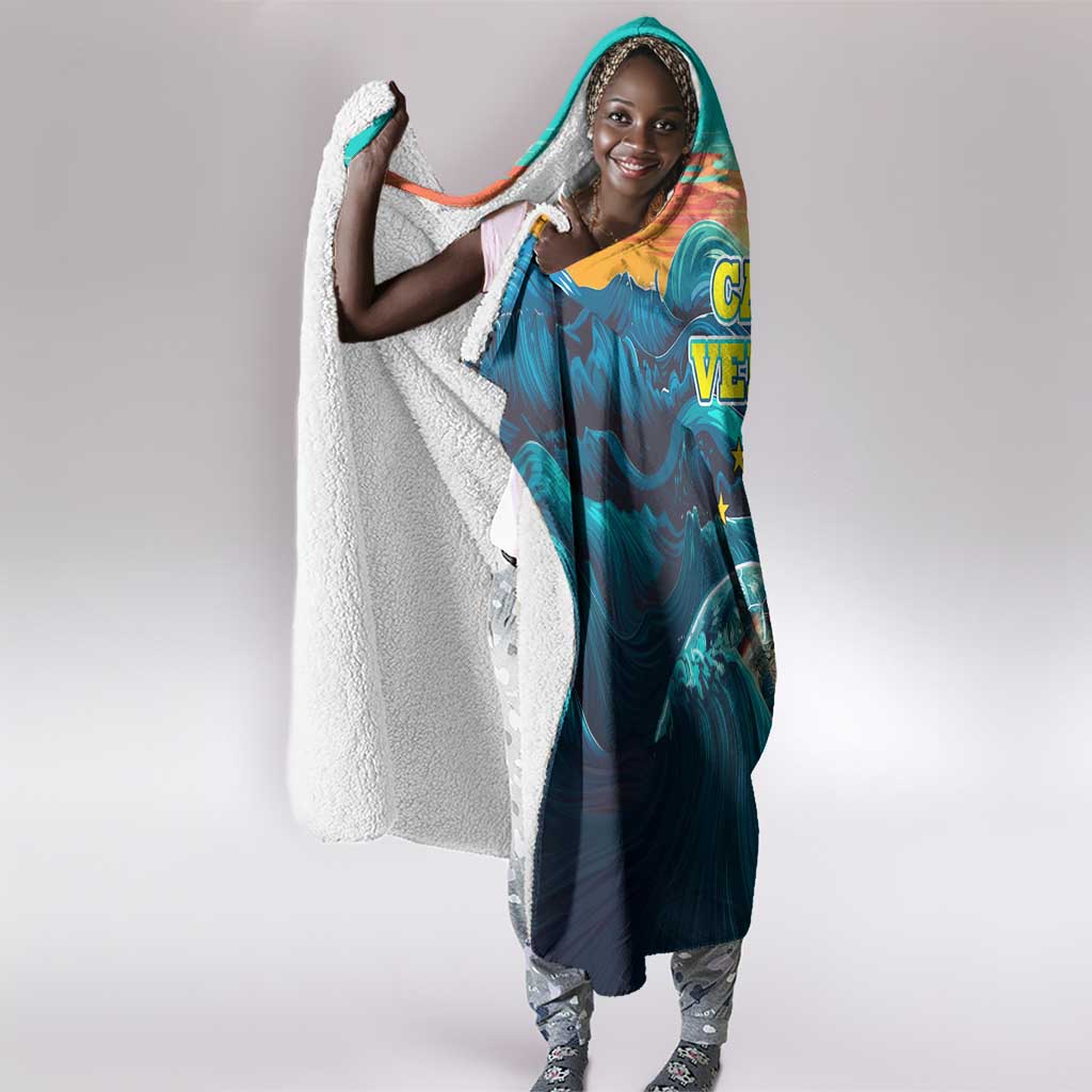 Cape Verde Hooded Blanket with Loggerhead Sea Turtle Ocean Sunset Spirit