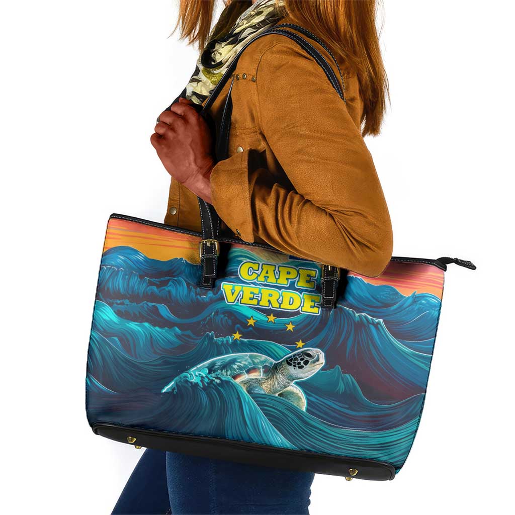 Cape Verde Leather Tote Bag with Loggerhead Sea Turtle Ocean Sunset Spirit