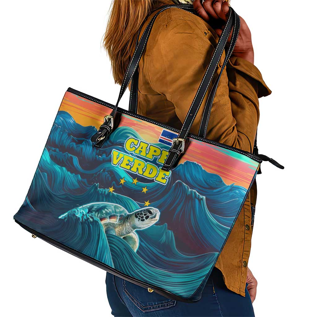 Cape Verde Leather Tote Bag with Loggerhead Sea Turtle Ocean Sunset Spirit