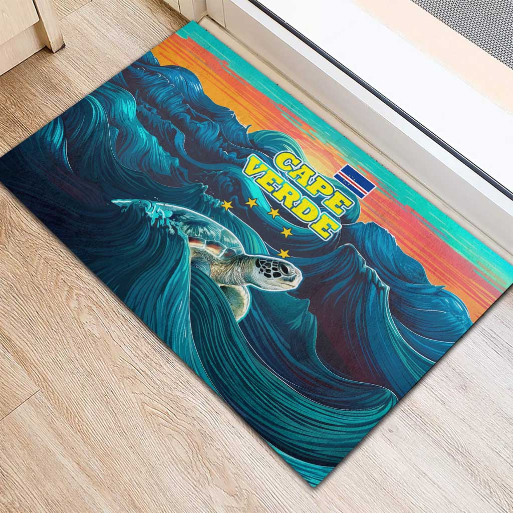 Cape Verde Rubber Doormat with Loggerhead Sea Turtle Ocean Sunset Spirit
