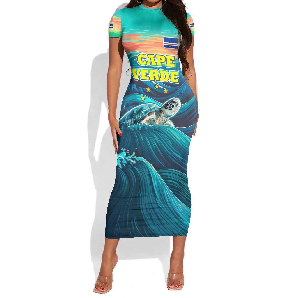 Cape Verde Short Sleeve Bodycon Dress with Loggerhead Sea Turtle Ocean Sunset Spirit