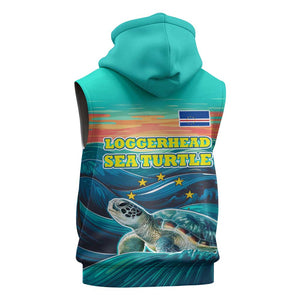 Cape Verde Sleeveless Hoodie with Loggerhead Sea Turtle Ocean Sunset Spirit - African Pride