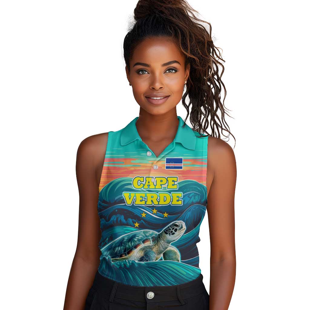 Cape Verde Women Sleeveless Polo Shirt with Loggerhead Sea Turtle Ocean Sunset Spirit