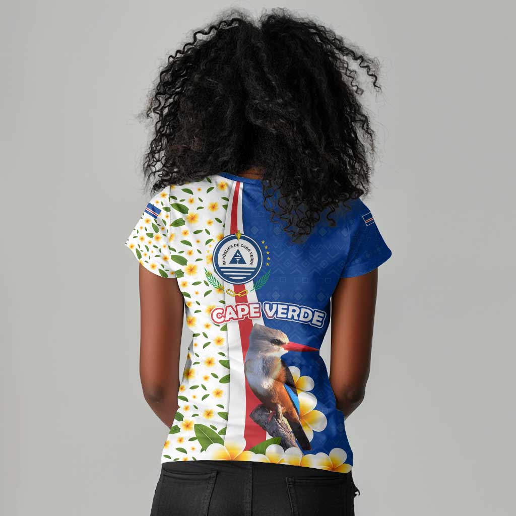 Cape Verde Women V-Neck T-Shirt Kingfisher Bird Floral Flag Spirit - African Pride