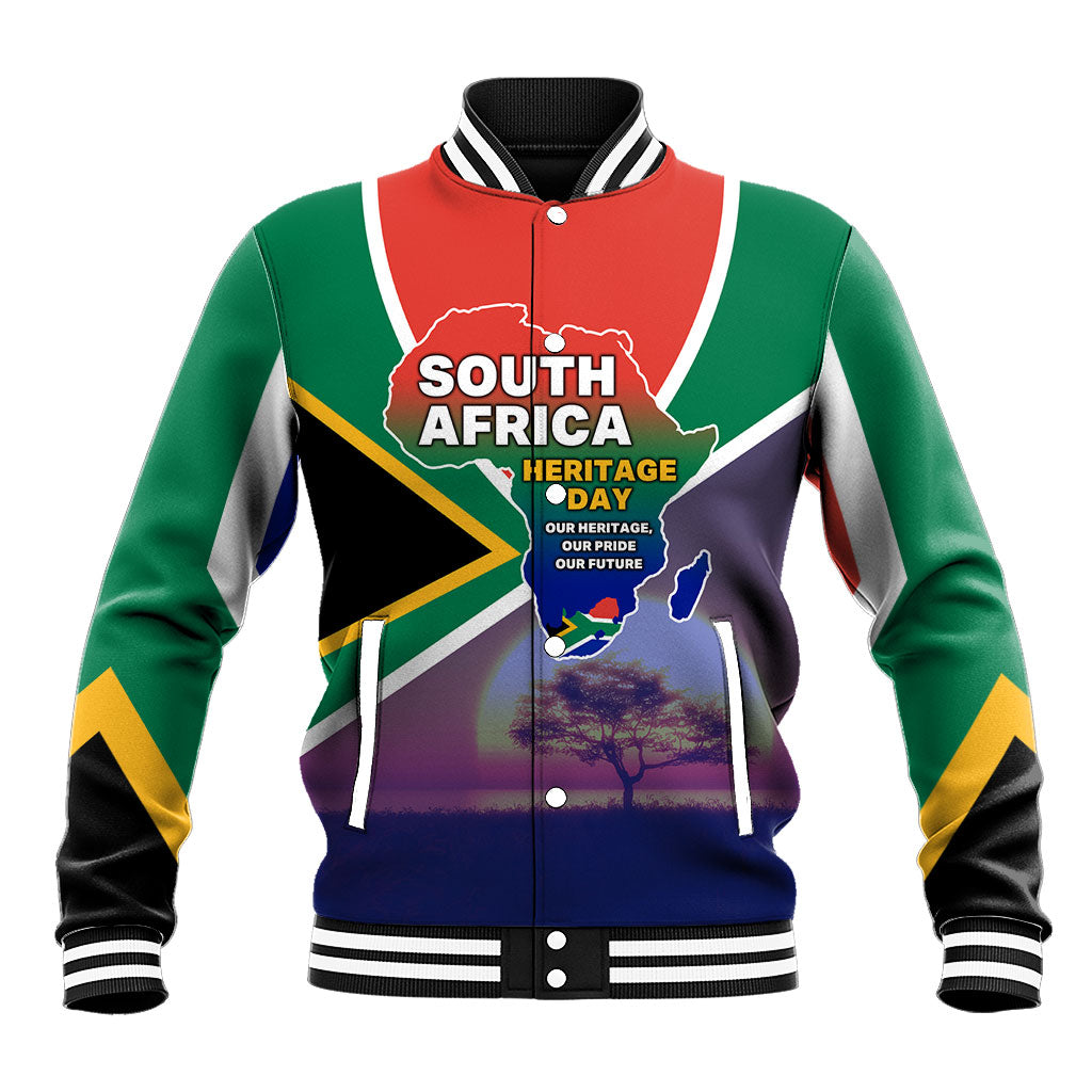 South Africa Heritage Day Baseball Jacket Celebrating Roots Flag Map Sunset Savanna
