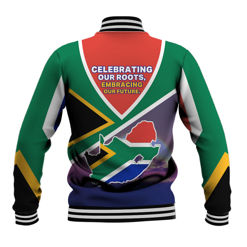 South Africa Heritage Day Baseball Jacket Celebrating Roots Flag Map Sunset Savanna