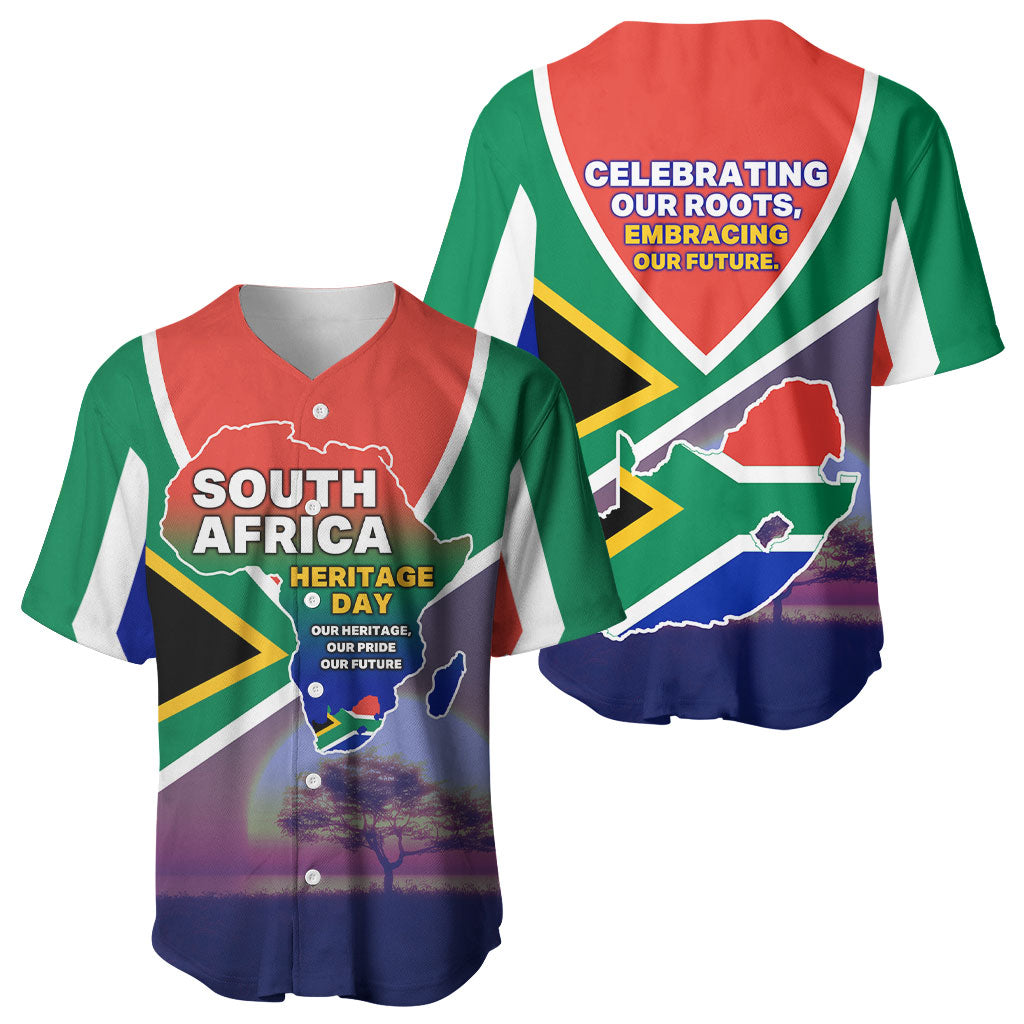 South Africa Heritage Day Baseball Jersey Celebrating Roots Flag Map Sunset Savanna