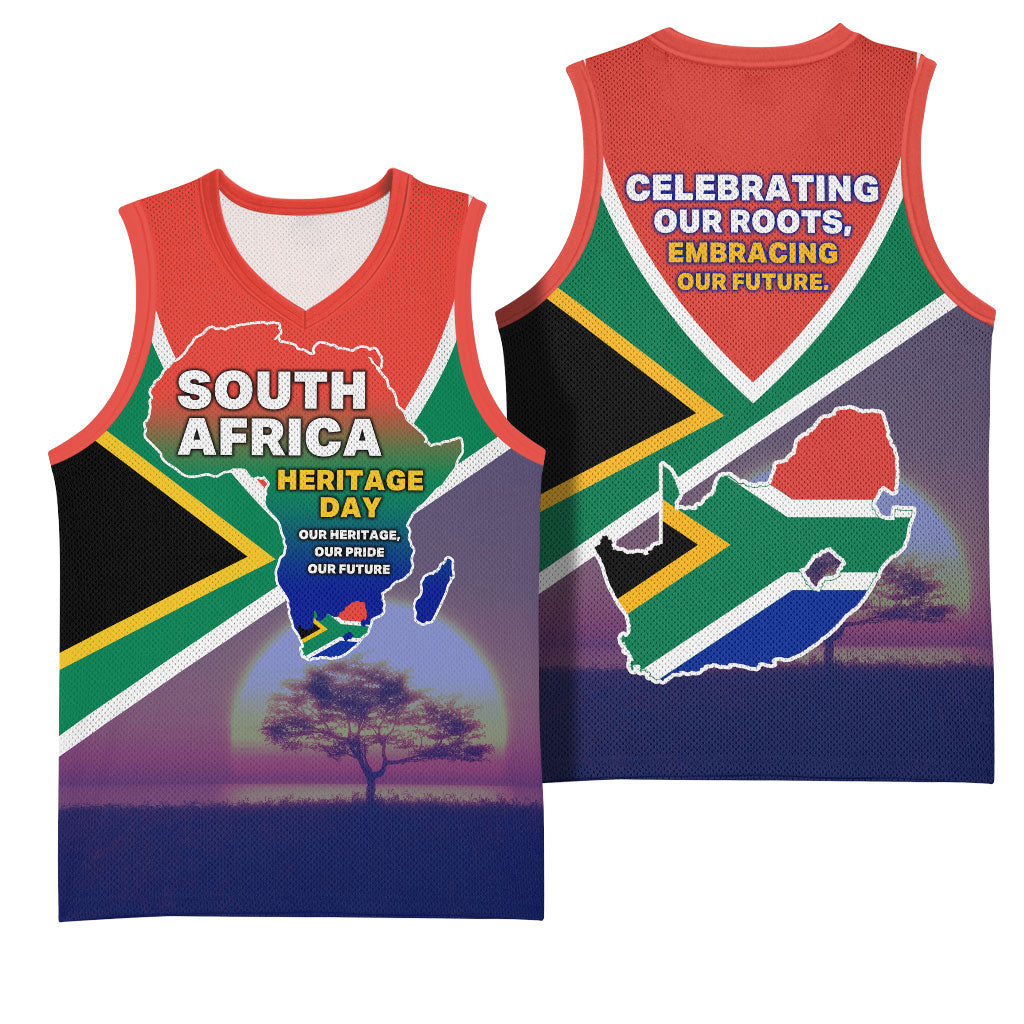 South Africa Heritage Day Basketball Jersey Celebrating Roots Flag Map Sunset Savanna