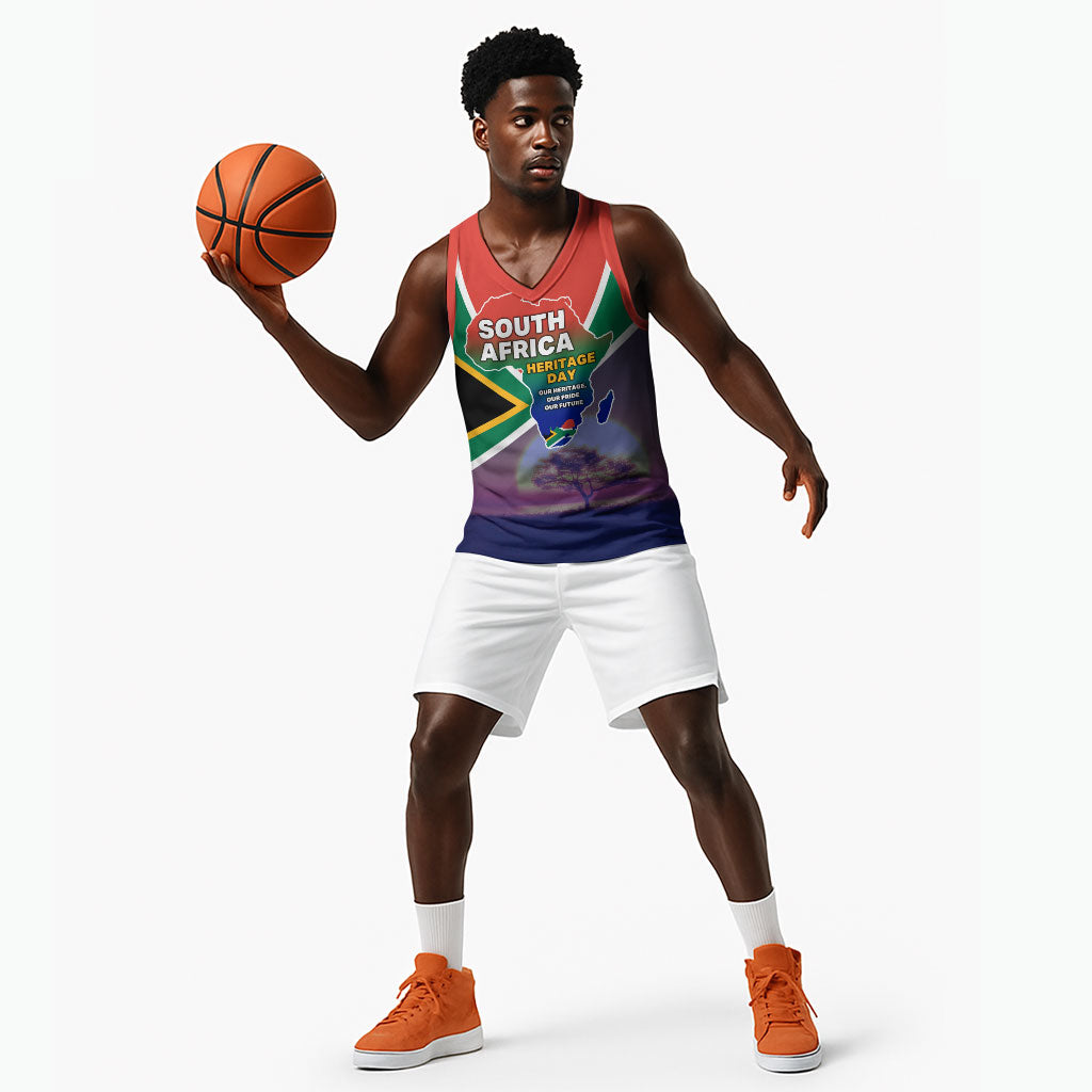South Africa Heritage Day Basketball Jersey Celebrating Roots Flag Map Sunset Savanna
