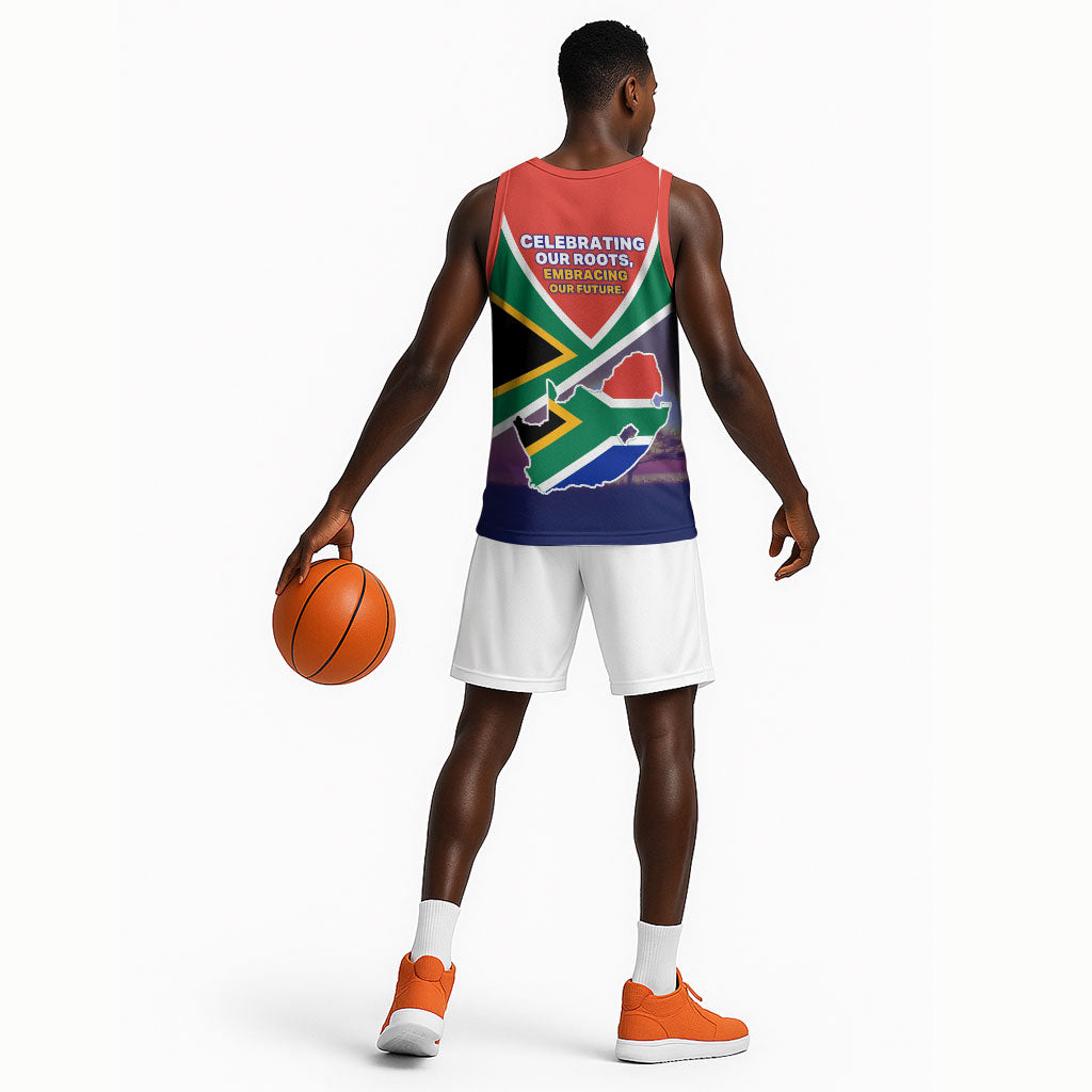 South Africa Heritage Day Basketball Jersey Celebrating Roots Flag Map Sunset Savanna