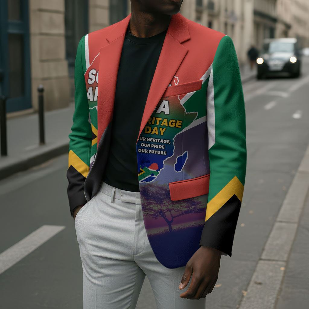 South Africa Heritage Day Blazer Celebrating Roots Flag Map Sunset Savanna