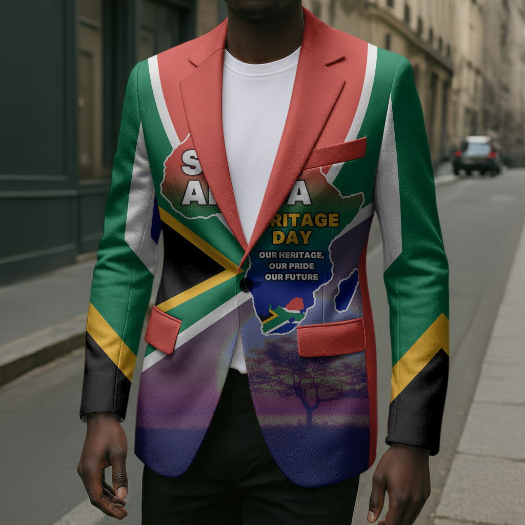 South Africa Heritage Day Blazer Celebrating Roots Flag Map Sunset Savanna