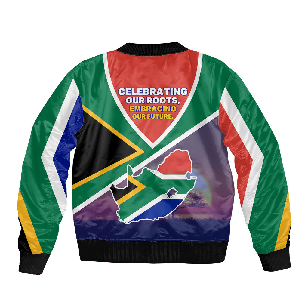 South Africa Heritage Day Bomber Jacket Celebrating Roots Flag Map Sunset Savanna