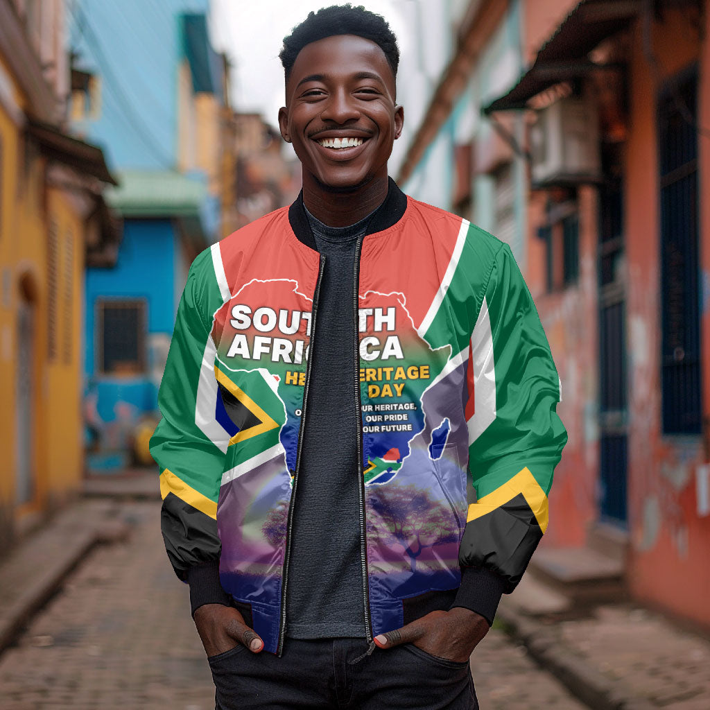 South Africa Heritage Day Bomber Jacket Celebrating Roots Flag Map Sunset Savanna