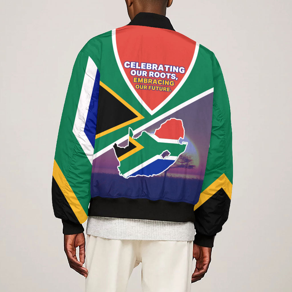 South Africa Heritage Day Bomber Jacket Celebrating Roots Flag Map Sunset Savanna