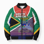 South Africa Heritage Day Bomber Puffer Jacket Celebrating Roots Flag Map Sunset Savanna