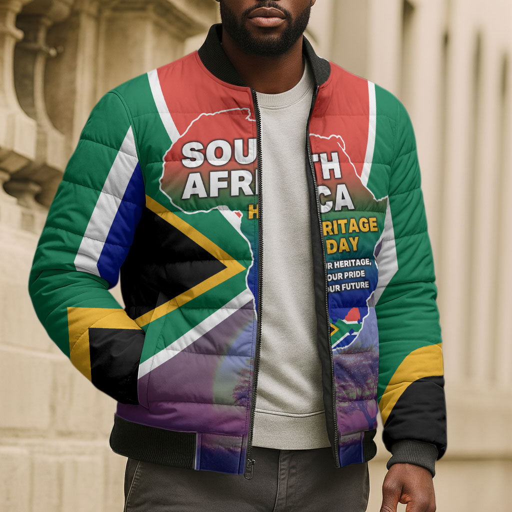 South Africa Heritage Day Bomber Puffer Jacket Celebrating Roots Flag Map Sunset Savanna