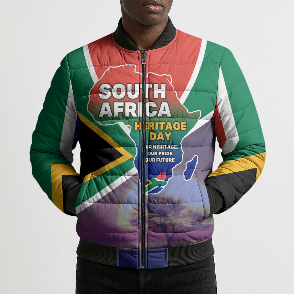 South Africa Heritage Day Bomber Puffer Jacket Celebrating Roots Flag Map Sunset Savanna