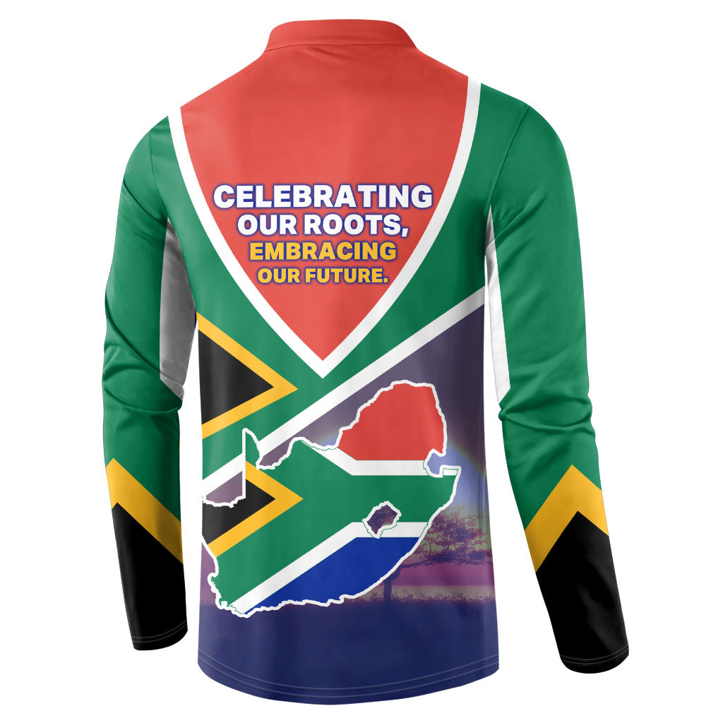 South Africa Heritage Day Button Sweatshirt Celebrating Roots Flag Map Sunset Savanna