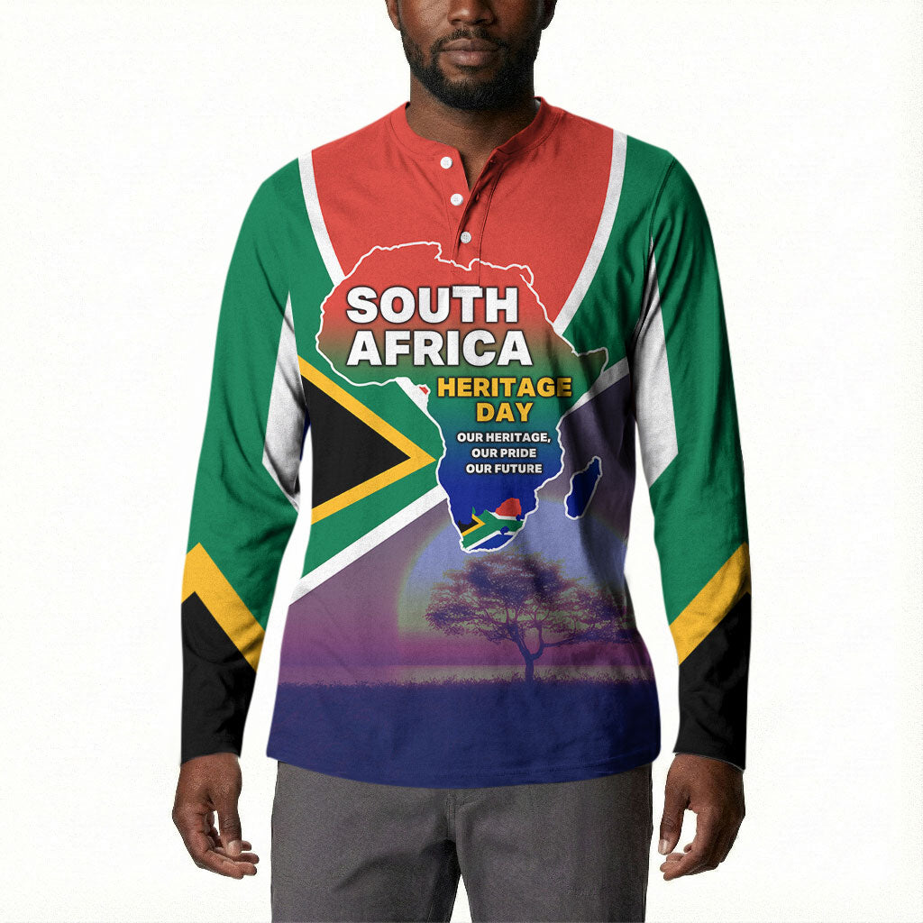 South Africa Heritage Day Button Sweatshirt Celebrating Roots Flag Map Sunset Savanna