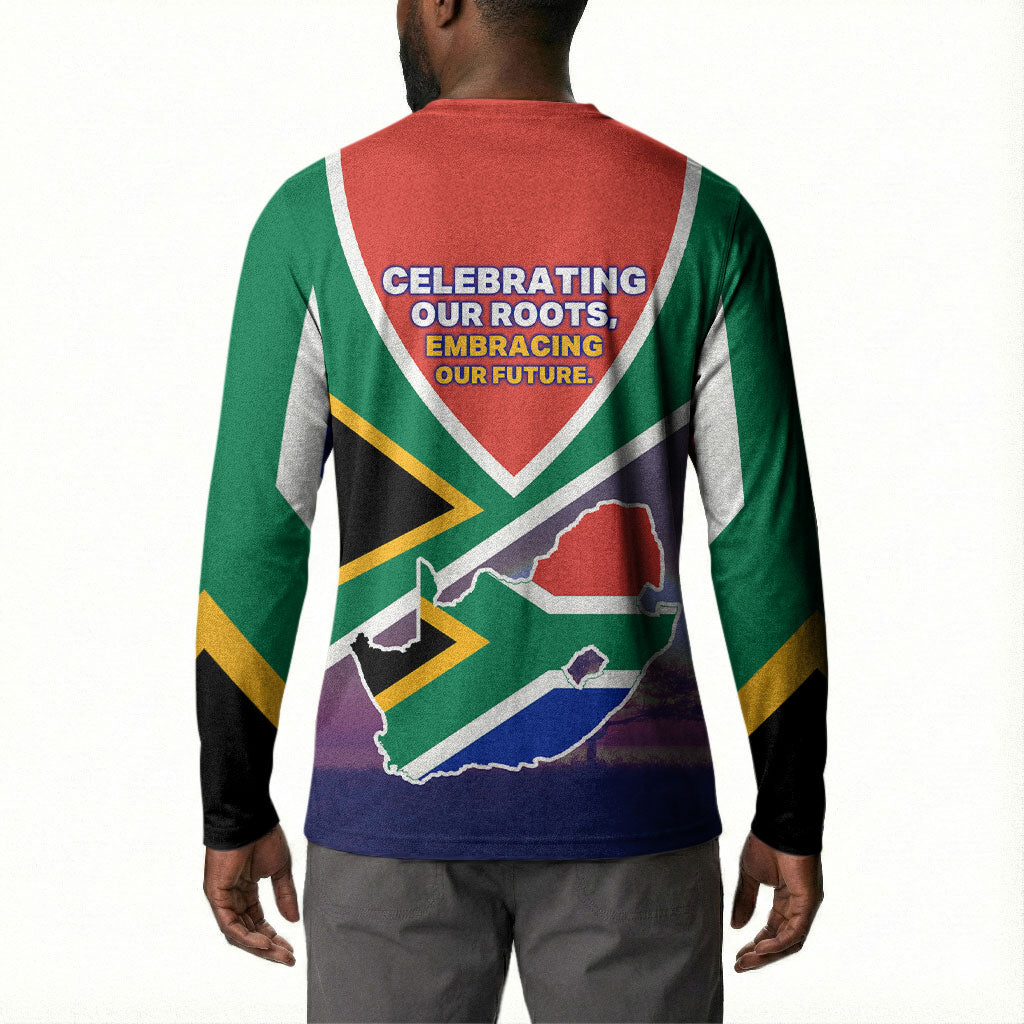 South Africa Heritage Day Button Sweatshirt Celebrating Roots Flag Map Sunset Savanna
