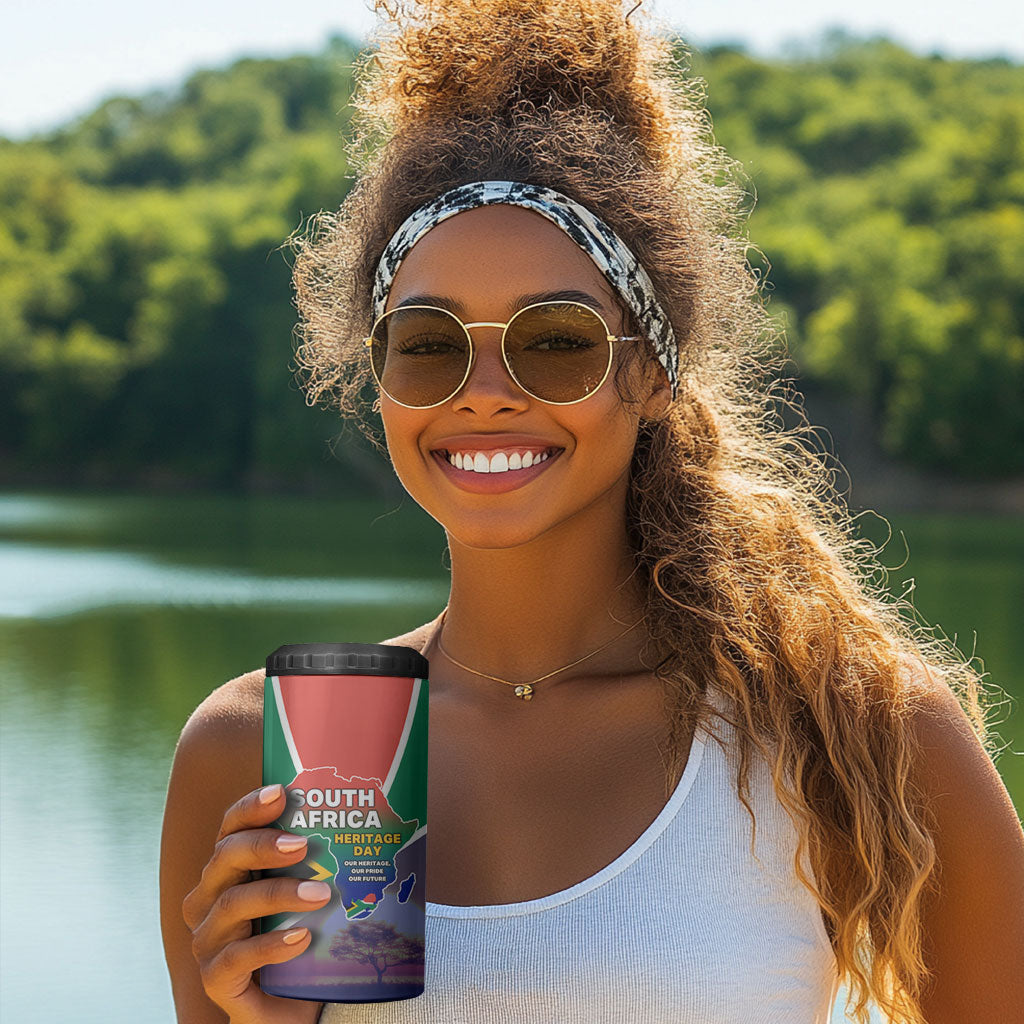 South Africa Heritage Day 4 in 1 Can Cooler Tumbler Celebrating Roots Flag Map Sunset Savanna