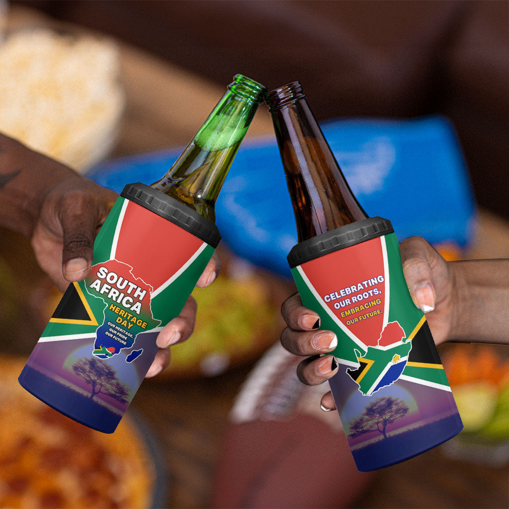 South Africa Heritage Day 4 in 1 Can Cooler Tumbler Celebrating Roots Flag Map Sunset Savanna